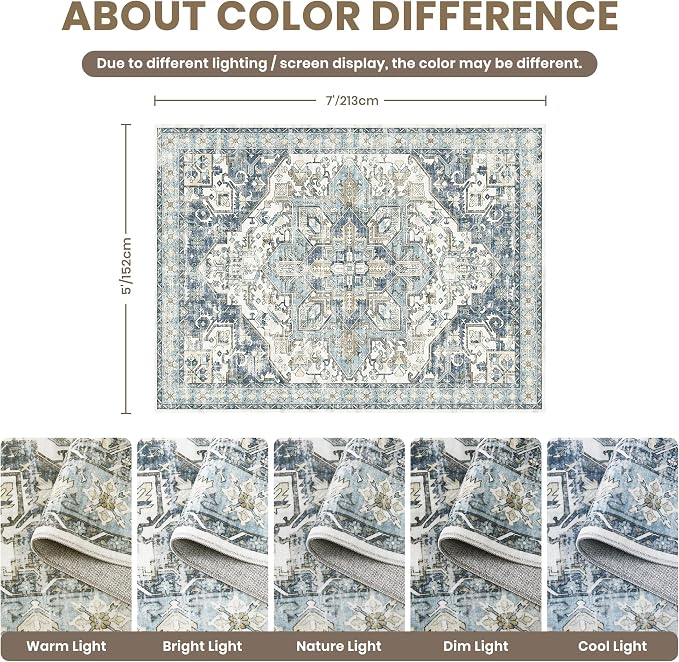 zesthome 5x7 Washable Rug-Stain Resistant Area Rugs for Living Room, Ultra-Thin Vintage Rugs, Non-Slip Backing Rug, Low Pile Large Area Rug, Boho Home Decor