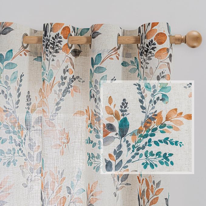 MYSKY HOME Floral Linen Curtains 45 inch Length 2 Panels Set Leaf Patterned Semi Sheer Light Filtering Privacy Farmhouse Grommet Drapes for Bedroom Small Window, 52" Wide Each Panel, Burnt Orange