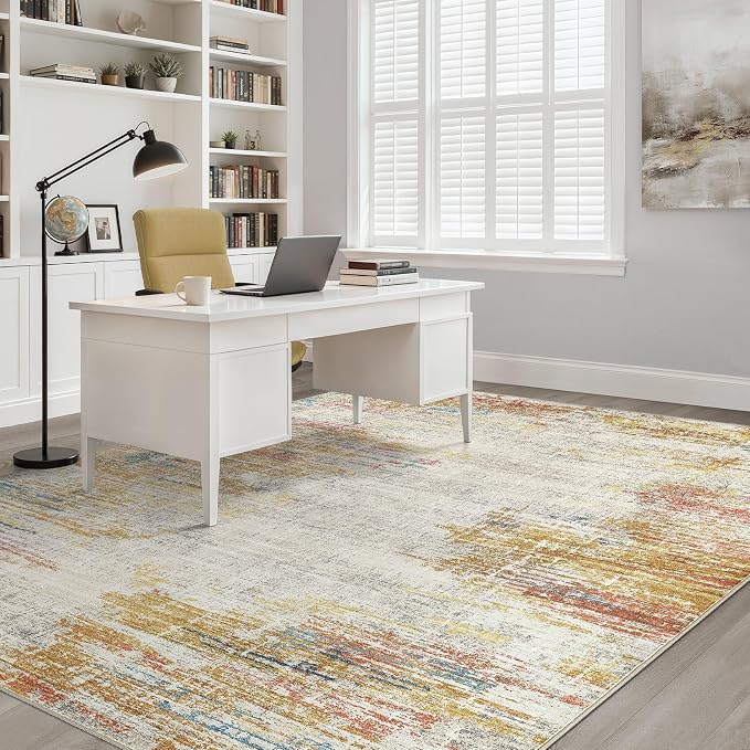 8x10 Area Rugs Living Room: Washable Large Neutral Rug Abstract Soft Modern Stain Resistant Indoor Floor Non-Slip Carpet for Bedroom Nursery Kids Classroom Playroom Dining Room Office- Gold Colorful