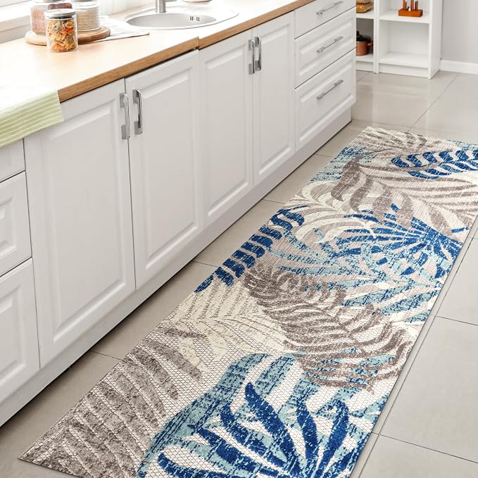 JONATHAN Y Tropics Palm Leaves Indoor Outdoor Runner Rug 2X8 Gray/Blue | Ships Rolled, Durable Flat Weave, Lays Flat for Backyard, Patio, Porch, Easy-Cleaning, High Traffic,Pet-Friendly,Non-Shedding