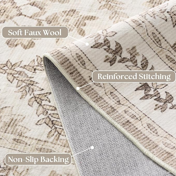 TWODRAPES Tan Floral Living Room Rug 9x12 Area Rug for Bedroom Farmhouse Cottage Floral Extra Large Beige Taupe Distressed Washable Low Pile Non Slip Light Brown Flower for Nursery 9 by 12