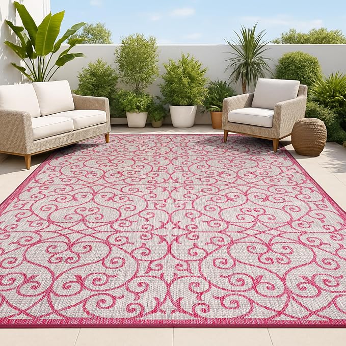JONATHAN Y Vintage Filigree Indoor Outdoor Area Rug 9X12 Light Gray/Fuchsia, Madrid Textured Weave for Backyard, Patio, Porch, Easy-Cleaning, High Traffic, Pet-Friendly, Non-Shedding (SMB107I-9)