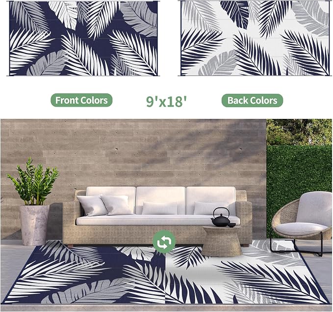 GENIMO Outdoor Rug, Waterproof Plastic Rugs 9'x18' for Camping Blue White | Outside Larger Leaf Carpet Mat for Patio Decor, RV, Porch, Camper, Deck, Picnic, Beach, Backyard, Reversible, Foldable
