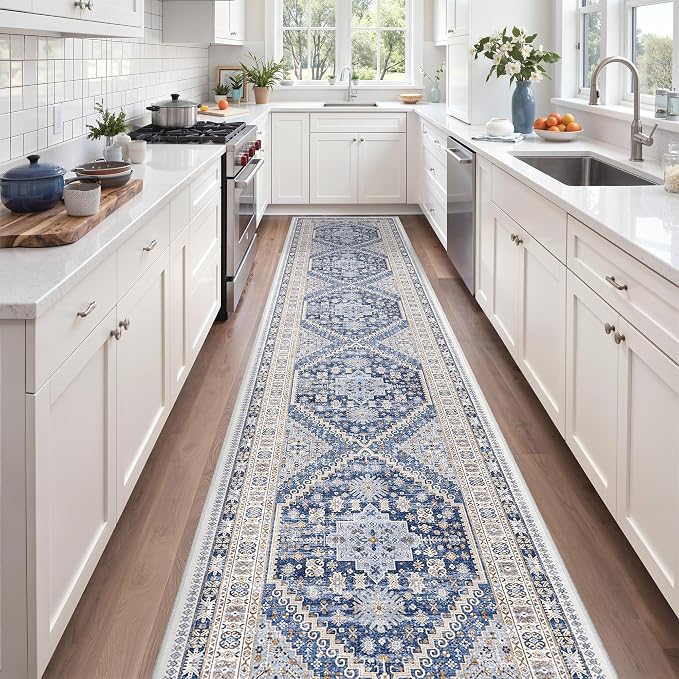 zesthome Washable Runner Rug 2.5x16 - Stain Resistant Entryway Rug,Ultra-Thin Kitchen Rugs, Anti Slip Backing Runner Rugs for Entrance Laundry Room Indoor Hallway (Blue/Beige,2.5'x16')