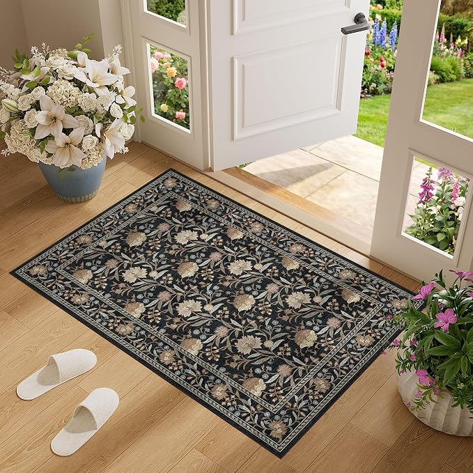 DUKINO 2x3 Rug, Washable Vintage Floral Bathroom Rugs Non Slip, Black | Low Pile, Stain Resistant Boho Soft Indoor Door Mat, Small Front Door Carpet for Entryway Kitchen Laundry Bedroom Farmhouse