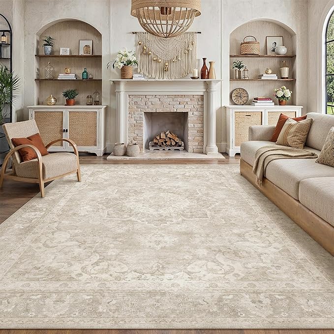 PureCozy 9x12 Area Rug Washable Beige Vintage Oriental Medallion | Non Slip, Soft Low Pile, Indoor Carpet for Living Room, Bedroom, Dining Room, Retro Decor