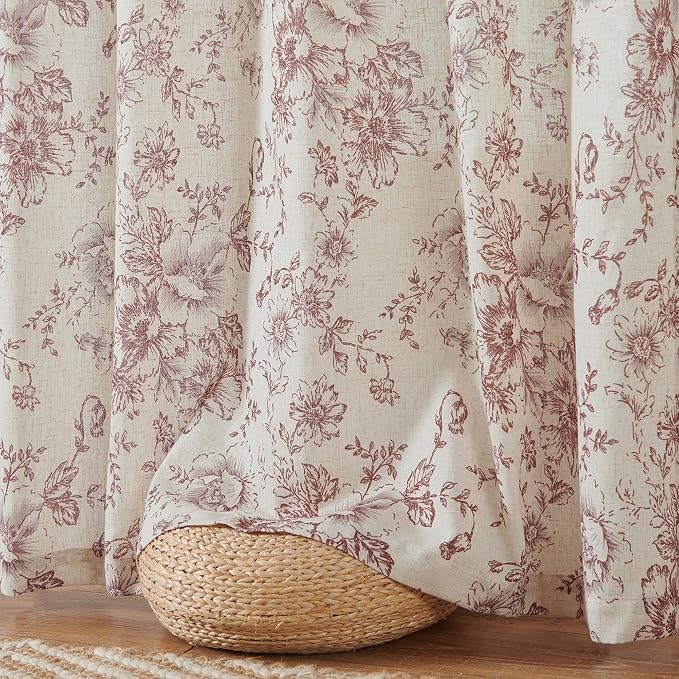 jinchan Red Floral Linen Curtains 63 Inch Farmhouse Back Tab 2 Panels | Light filtering drapes, semi sheer, farmhouse, cottagecore, rustic, living room, bedroom, rod pocket, window treatment
