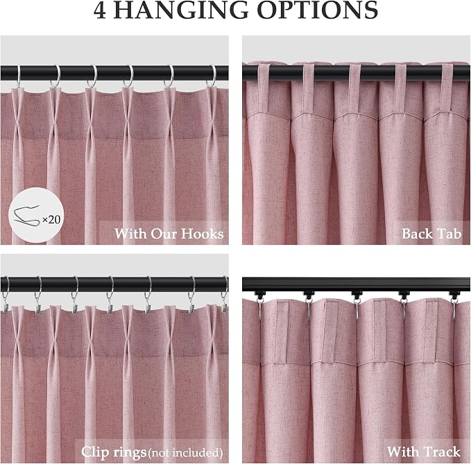 Pink Pinch Pleated Linen Curtains 108 Inches 2 Panels for Living Room Bedroom Kids Room Semi Sheer Windows Treatment Curtain Contemporary Casual Rod Pocket Bedroom Girls Room Home Decor 40x108 9 FT