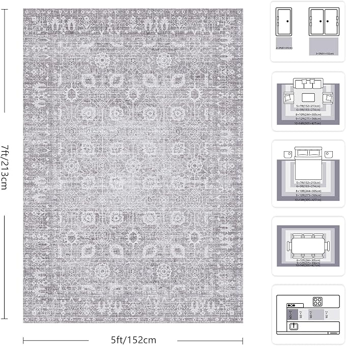 5x7 Area Rugs, Washable Vintage Retro Floral Rug for Living Room, Low Pile Non Slip Distressed Large Carpet for Bedroom, Dining Room, Office, Home (Vintage Purple Grey)