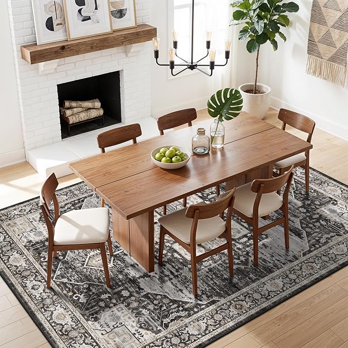 RUUGME 5x6 Washable Non Slip Area Rugs, Boho Low Pile Soft Carpets for Living Room Bedroom Dining Room - Ultra Thin Vintage Indoor Floor Decor Mat Ideal for Small Spaces 5x6 Black