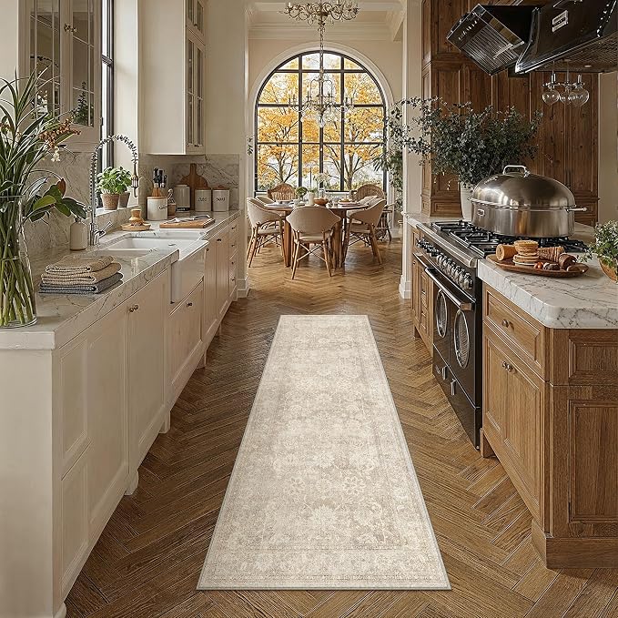PureCozy 2x6 Beige Runner Rug for Hallway Kitchen Washable Non Slip Indoor Carpet Distressed Low Pile Soft Retro Accent Throw Rug for Laundry Entryway Bathroom Bedroom Living Room