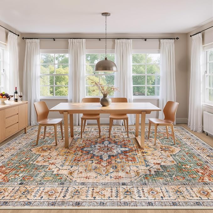 Area Rug 9x12 Vintage Rug: Large Washable Indoor Medallion Rugs Low Pile Distressed Floor Carpet Retro Accent Rug for Living Room Bedroom Kitchen Dining Table Home Office(Green/Yellow, 9'x12')