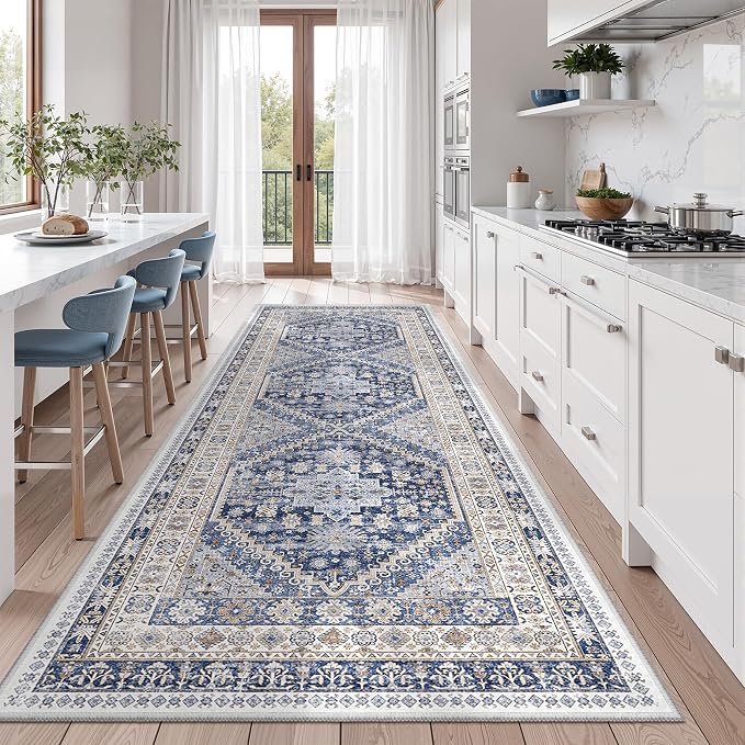 zesthome 3x10 Runner Rug Non Slip Washable for Entryway, Vintage Hallway Runner for Front Porch, Laundry Room, Bedroom, Abstract Stain Resistant Thin Indoor Kitchen Mats for Floor(Blue/Beige,3'x10')