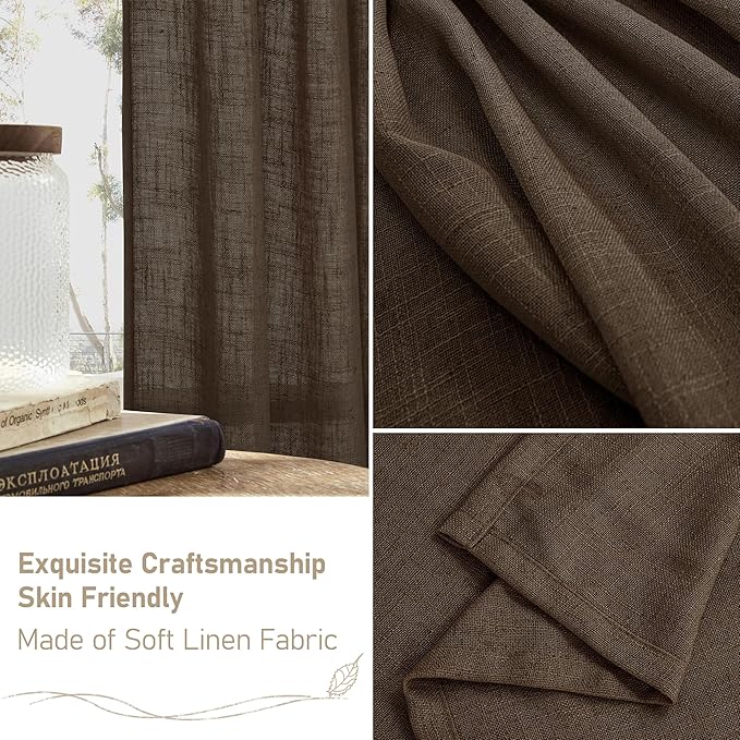 LAMIT Dark Brown Semi Sheer Linen Curtains 60 Inch, Light Filtering Neutral Window Panels Farmhouse Boho Back Tab and Rod Pocket Drapes for Bedroom, 2 Panels, 52 x 60 Inch