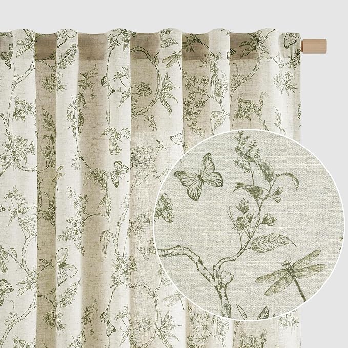 Lazzzy Charlotte Linen Green Floral Curtains 96 Inch Length Farmhouse Curtain Back Tab Drapes for Living Room Bedroom Light Filtering Vintage Rod Pocket Curtains, 2 Panels, Green on Beige