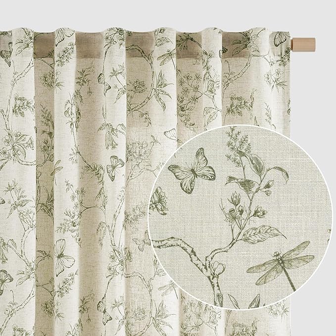 Lazzzy Charlotte Green Floral Curtains 84 Inch Length Linen Farmhouse Curtain Back Tab Drapes for Living Room Bedroom Light Filtering Vintage Rod Pocket Curtains, 2 Panels, Green on Beige