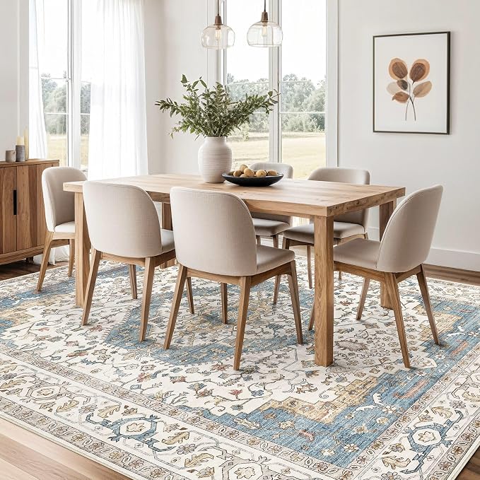 9x13 Area Rugs for Living Room - Large Carpet Ultra Thin Soft Washable Oriental Vintage Floral Distressed Rug Big Indoor Carpets for Bedroom Nursery Dorm Home Decor Aesthetic - Blue/Beige