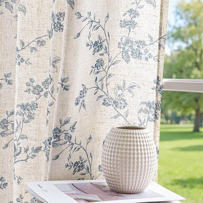 jinchan Blue Floral Linen Curtains 63 Inch Country Drapes Back Tab 2 Panels | Blue on beige, light filtering, farmhouse, rustic, flower, living room, bedroom, laundry, window treatment, home decor