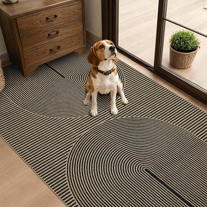 Non-Slip Jute Rug for Entryway: 3x5 Outdoor Mat - Black Curve Pattern | Safe Walking for Family All Day and Help with Cutting Slip Falls by 70%