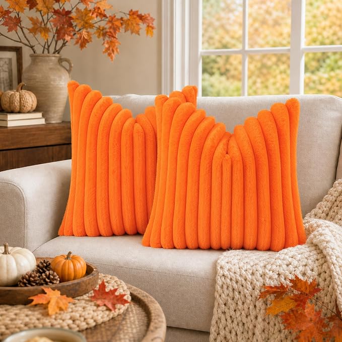 decorUhome Fall Faux Fur Throw Pillow Covers 16x16 Set of 2 Orange | Decorative Soft Cozy Striped Plush Modern Farmhouse Boho Couch Pillow Cases Velvet Back for Sofa Bed Living Room Home Decor