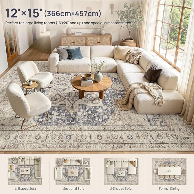 Tortania Area Rug Living Room Rugs - 12x15 Washable Boho Rug Vintage Oriental Distressed Farmhouse Large Thin Indoor Carpet for Living Room Bedroom Under Dining Table Home Office - Cream Blue