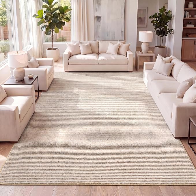 JONATHAN Y Cole Pinstripe High-Low White/Gold Indoor Area Rug, 3x5, Modern, Minimalist, Easy-Cleaning for Living Room, Bedroom, Kitchen, Pet Friendly, Non-Shedding (CAR101D-3)
