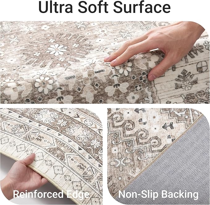 befbee 3x5 Rug, Ultra-Thin Area Rugs for Living Room,Non-Slip Lightweight Washable Rug for Bedroom,Kitchen,Entryway,Stain Resistant Small Carpet (Brown/Beige, 3'x5')