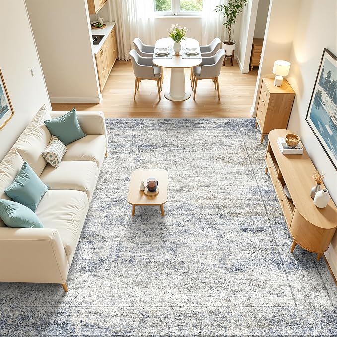 8x10 Area Rugs for Living Room,Large Washable Rug,Blue | Rugs for Bedroom,Dining Room,Office,Low Pile,Soft, Neutral Rug,Stain Resistant Indoor Carpet,Non Slip,Home Decor