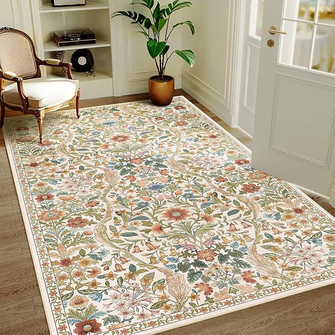 4x6 Beige Floral Boho Area Rug,Low-Pile Stain Resistant Non-Slip Machine Washable Carpet for Living Room,Bedroom, Kitchen,Entryway,Dining Room, Nursery