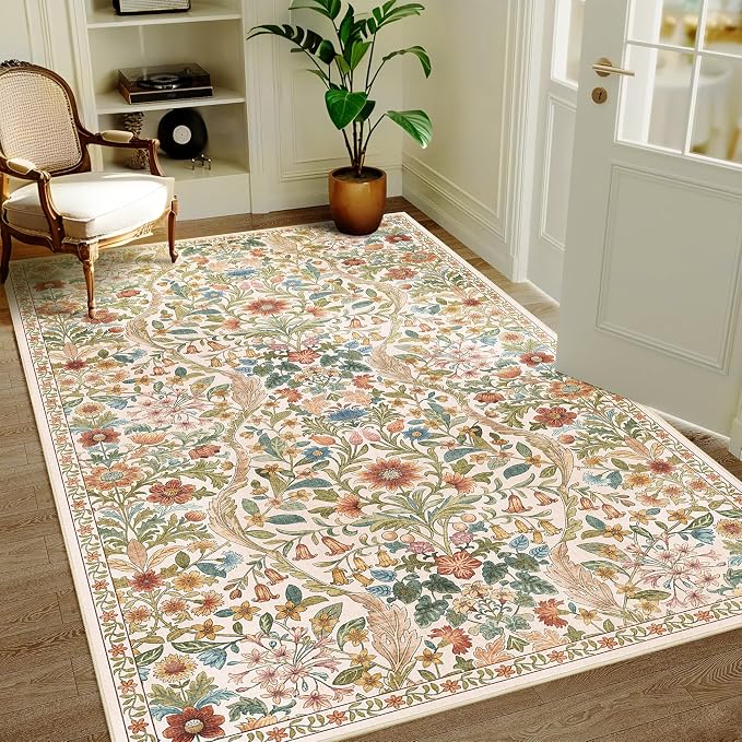 3x5 Beige Boho Floral Washable Rug,Soft Lightweight Low Pile Non-Shedding Carpet,Machine Washable Stain Resistant & Non-Slip for Entryway,Girls Bedroom,Kids Room,Living Room