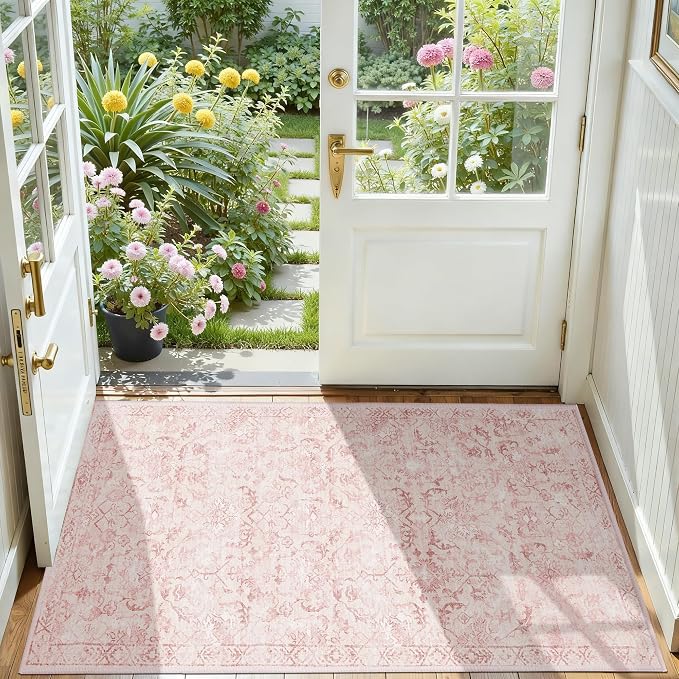 Pink 2x4 Runner Rug for Hallways Bed Side Kitchen, Boho Washable Distressed Low-Pile Floor Entryway Long Bathroom Mat, Non-Slip Laundry Room Washstand Front Carpet 24x48 Inch
