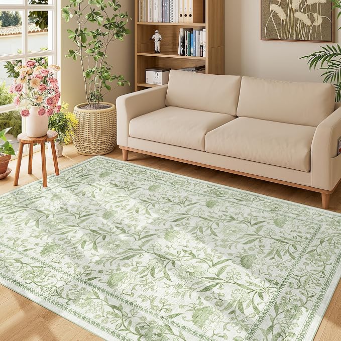 DUKINO 5x7 Area Rug, Vintage Floral Washable Rug for Living Room Sage Green | Non Slip, Low Pile, Non-Shedding, Stain Resistant Lightweight Boho Soft Carpet for Bedroom Home Office Dining Room Farmhouse