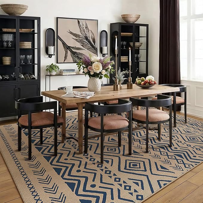 PureCozy 5x8 Easy Jute Outdoor Rug Blue Boho Indoor Outdoor Area Rug Farmhouse Patio Carpet for Backyard, Patio, Porch, Living Room， Easy-Cleaning, High Traffic, Pet-Friendly, Non-Shedding