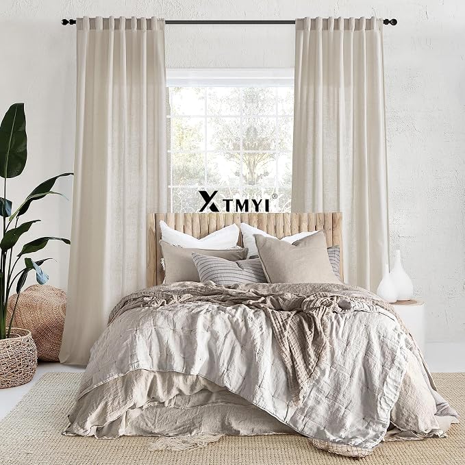 XTMYI 100 Inch Linen Curtains, Lightweight Semi Sheer Light Filtering Drapes, Back Tab Window Drapery for Living Room Bedroom 2 Panel Set, Oatmeal Beige, 50" W x 100" L