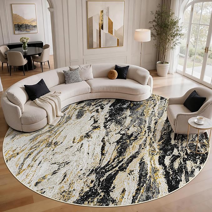 Area Rugs for Living Room: 8ft Round Abstract Washable Rug Modern Neutral Large Soft Stain Resistant Non-Slip for Bedroom Dining Room Indoor Home Office Carpet - Black Gold