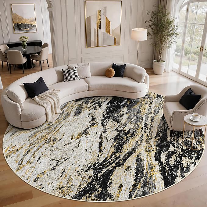 Area Rugs for Living Room: 10ft Round Abstract Washable Rug Modern Neutral Large Soft Stain Resistant Non-Slip for Bedroom Dining Room Indoor Home Office Carpet - Black Gold