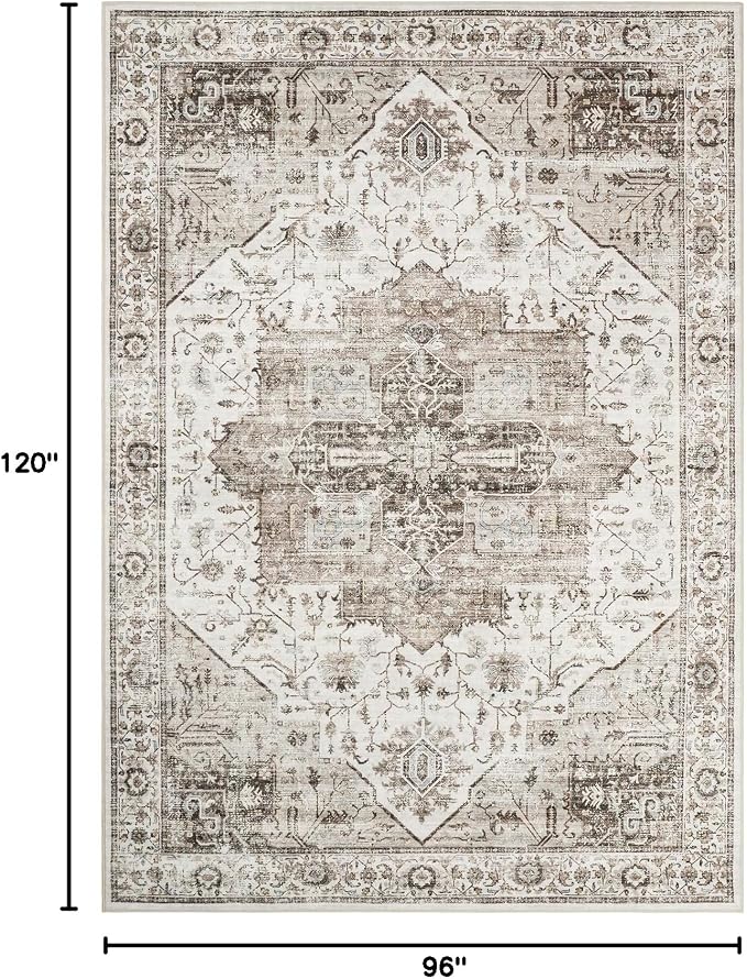 Roxstand 8x10 Washable Area Rug, Large Non Slip Rug, White/Brown | Non-slip Backing, Low-Pile Carpet, Stain Resistant,Rugs for Living Room,Bedroom, Dining Room, Office