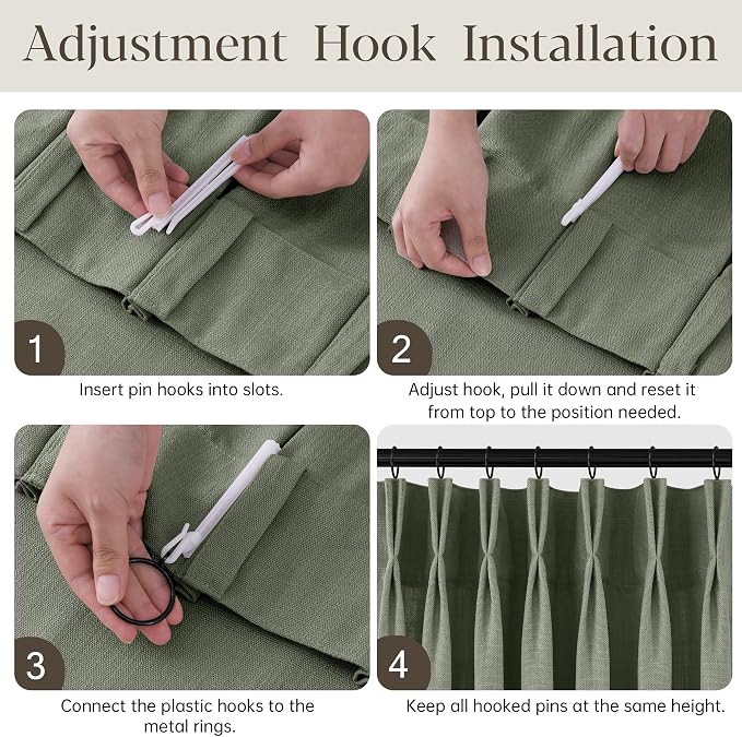 Sage Green Pinch Pleated Linen Curtains 102 Inches Long for Living Room Bedroom with Rings Hooks Clips Back Tab Semi Sheer Curtains Light Filtering Boho Farmhouse Drapes Light Green