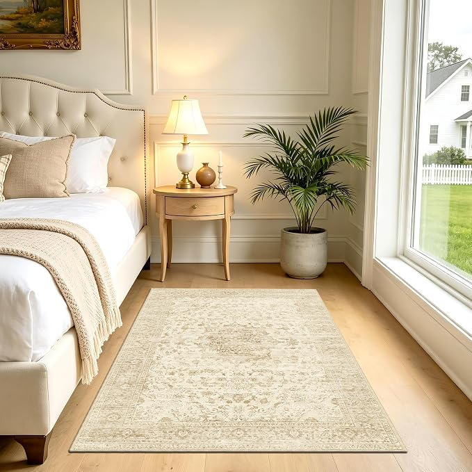 Neutral 3x5 Washable Rug, Beige Vintage Boho Carpet for Bedroom | for Living Room, Low Pile Small Indoor Area Rug with Non-Slip Silicone Backing, Non-Shedding