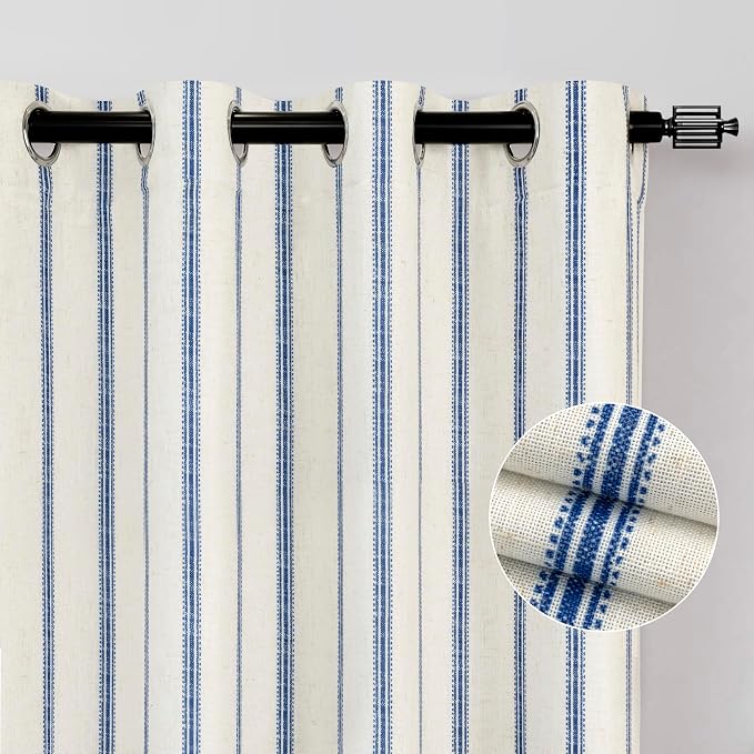 DriftAway Farmhouse Stripe Blackout Curtains, W52xL96, Navy Blue | Blackout, Linen Texture, Stripe Pattern, Rod Pocket & Back Tab, Two Layers, Bedroom Living Room Use, Sound Reducing Design