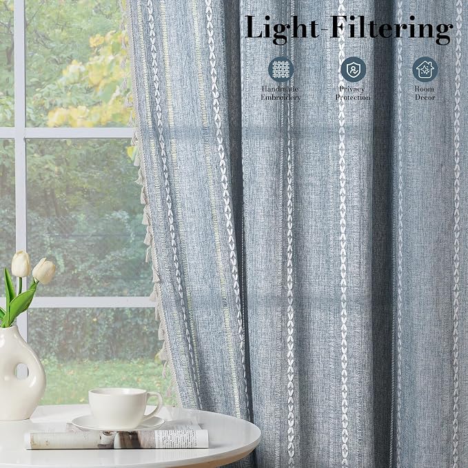 ColorBird Blue Boho Curtains Linen-Textured for Living Room Bedroom Light Filtering 84 Inches 2 Panels Farmhouse Embroidered Striped Curtains & Drapes for Nursery Dining Room Closet Window Treatments