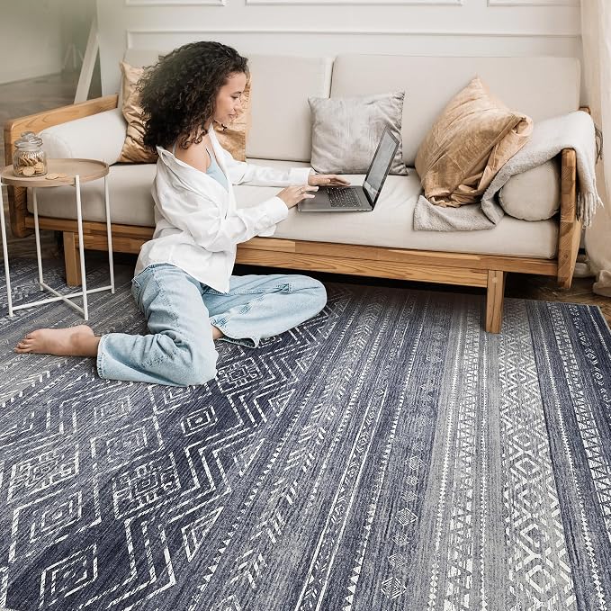 Tortania Area Rug Living Room Rugs- 10x14 Washable Large Soft Neutral Boho Moroccan Bohemian Farmhouse Rug Indoor Floor Carpet for Bedroom Under Dining Table Home Office Decor - Blue Gray