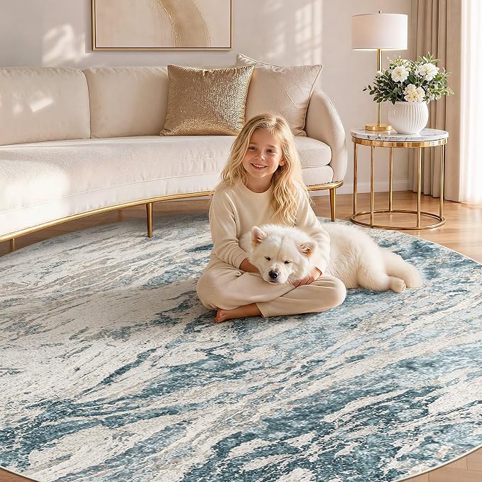 Area Rugs for Living Room: 5ft Round Abstract Washable Rug Modern Neutral Large Soft Stain Resistant Non-Slip for Bedroom Dining Room Indoor Home Office Carpet - Blue Brown