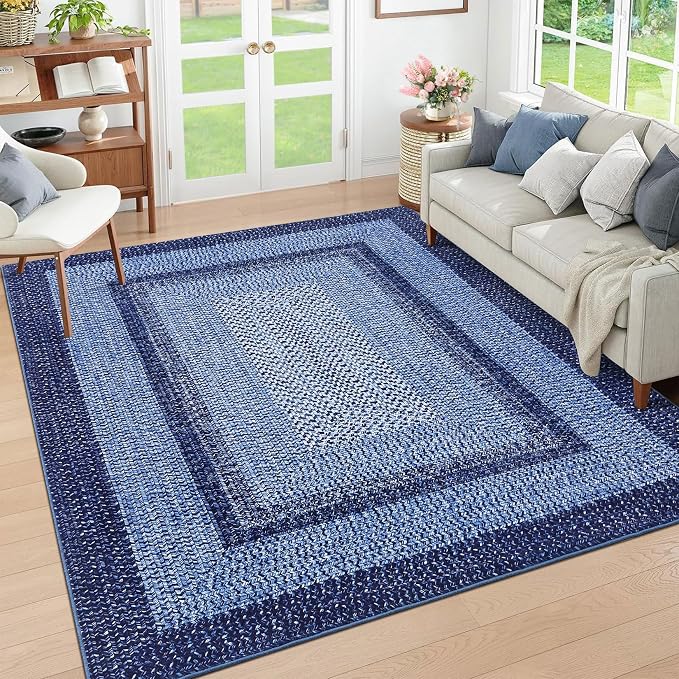 RUGSREAL Large Bedroom Rug 6x9 Machine Washable Rug Throw Floor Cover Farmhouse Rustic Dining Room Carpet Geometric Bordered Braided Carpet for Living Room Home Office, Navy