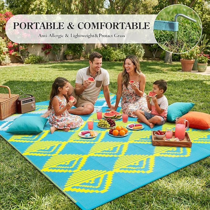 Beeiva Waterproof Outdoor Rug 6x9 for Camping, Balcony & RV, Reversible Plastic Straw Outdoor Mat Blue Yellow