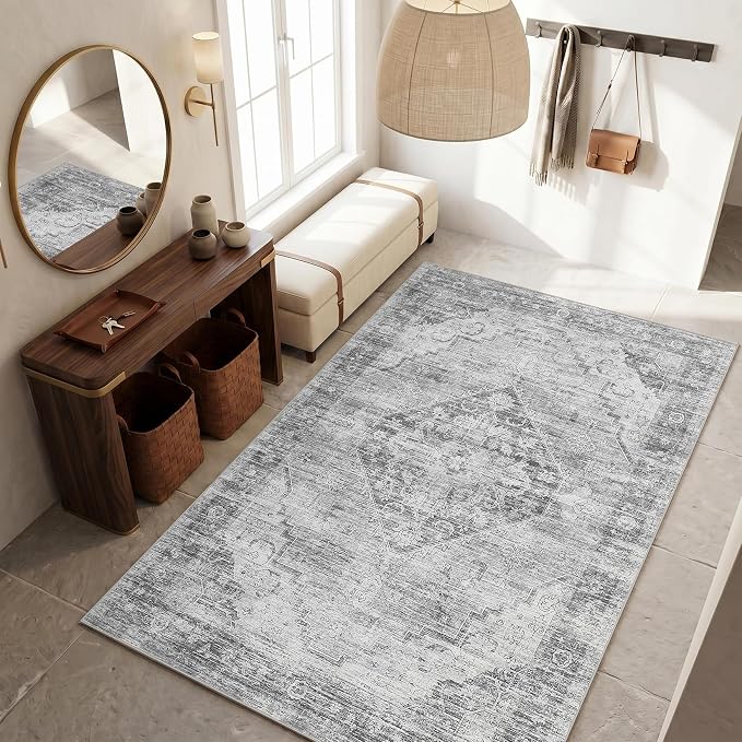 Garvee Grey 6x9 Area Rugs for Living Room, Boho Vintage Non-Slip Washable Low-Pile Stain Resistant Soft Carpet for Bedroom Home Office Nursery Kitchen Room Decor