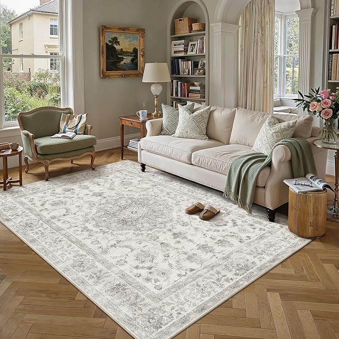 PureCozy 5x7 Area Rug Washable Gray Vintage Oriental Retro | Non Slip, Soft Low Pile, Carpet for Dorm Room, Bedroom, Apartment Living Room, Neutral Decor