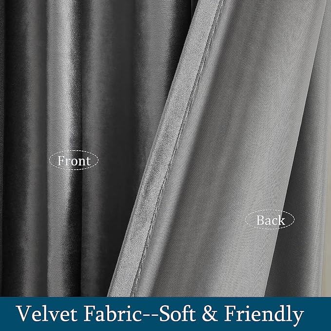 PRIMROSE Dark Grey Velvet Curtains 90 inch Long for Living Room,Set of 2 Panels Blackout Rod Pocket Back Tab Window Treatment Room Darkening Heavy Decorative Curtains Drapes for Bedroom
