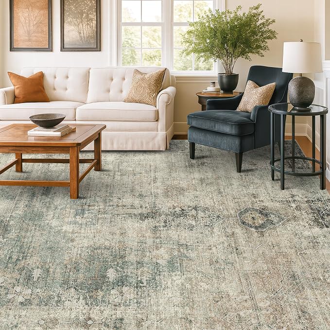 Hazo Haus Washable Moss Green 10x12 Area Rug for Living Room, Large Vintage Farmhouse Rug for Bedroom & Dining Room Under Table, Non-Slip Soft Low-Pile Stain Resistant