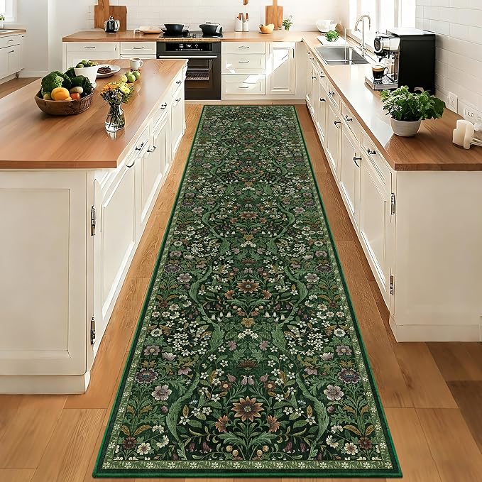 3x12 Washable Runner Rug,Dark Green Floral Long Rugs for Hallway,Low-Pile Non-Slip Stain Resistant Boho Carpet for Kitchen, Bedside,Laundry Room,Entryway
